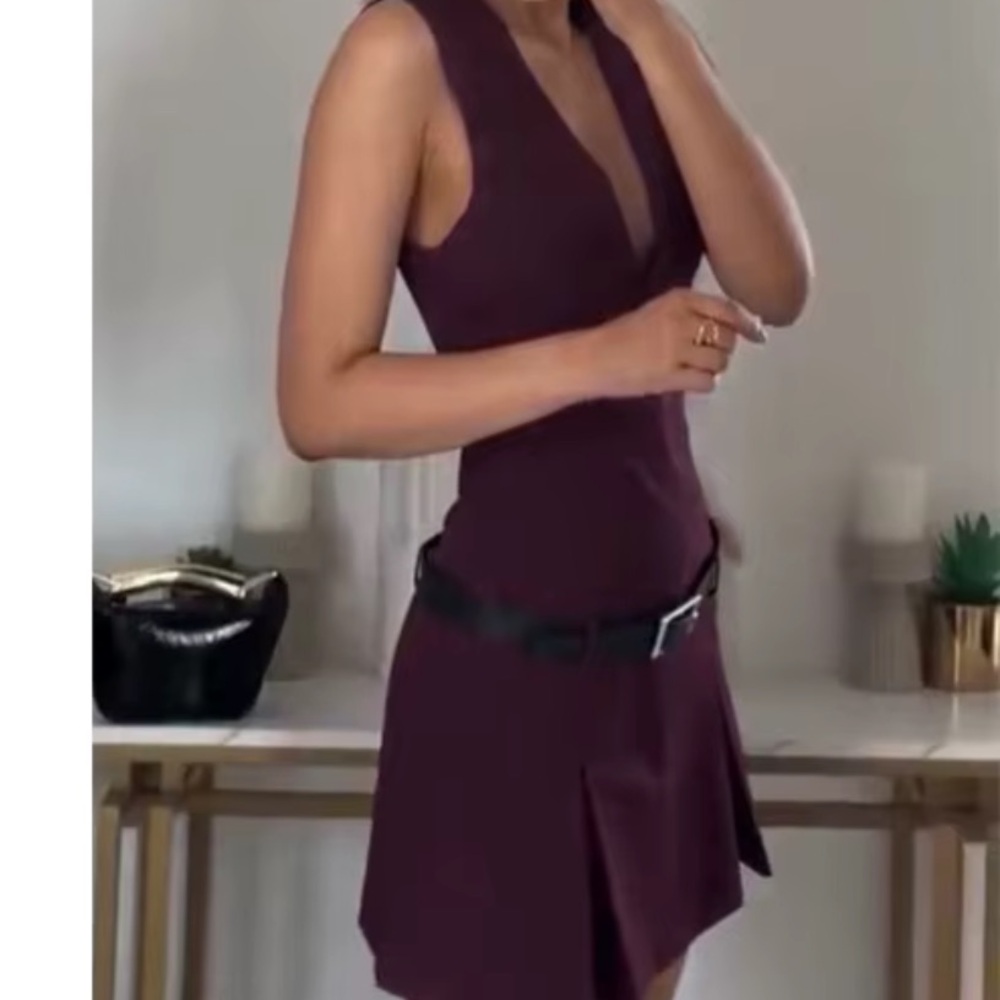 NWT Zara sleeveless v-neck box pleated mini dress & belt burgundy sz Sm